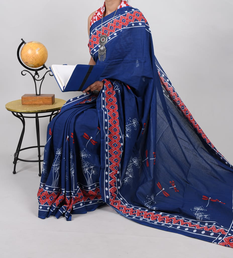 Bagru Blue Natural Hand Block Print Cotton Mulmul Sarees With Blouse