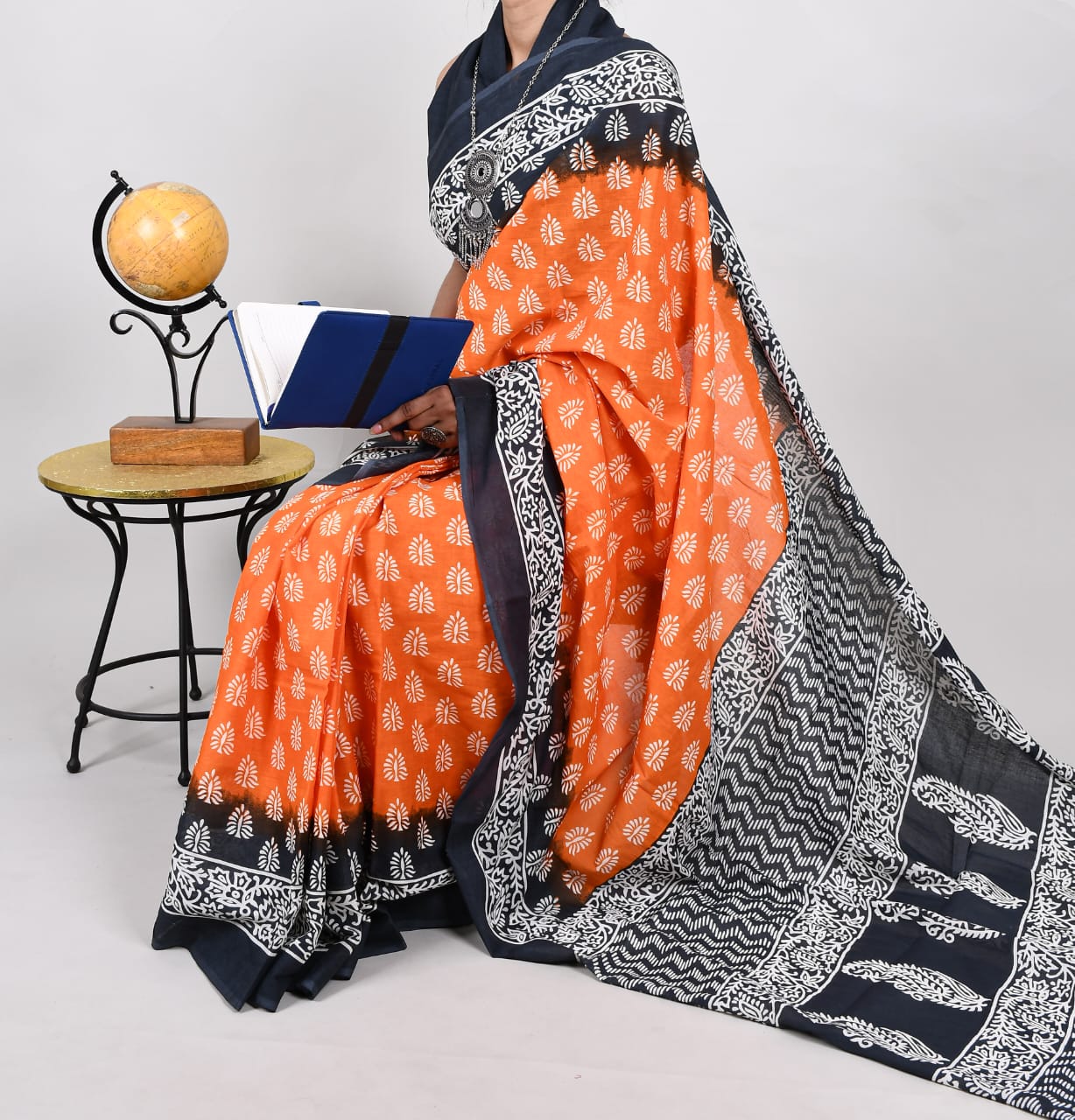 Bagru Orange Natural Hand Block Print Cotton Mulmul Sarees With Blouse