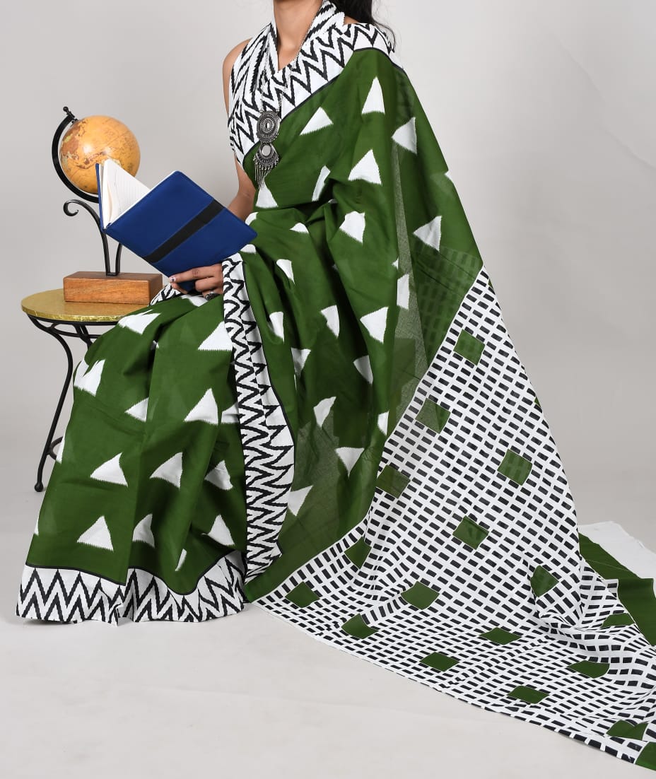 Bagru Natural Green Hand Block Print Cotton Mulmul Saree