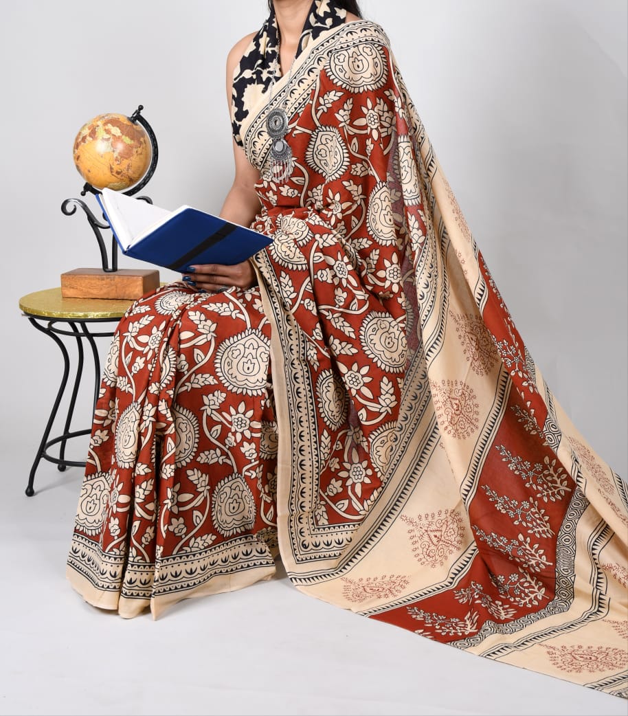 Bagru Rust Block Print Cotton Mulmul Sarees