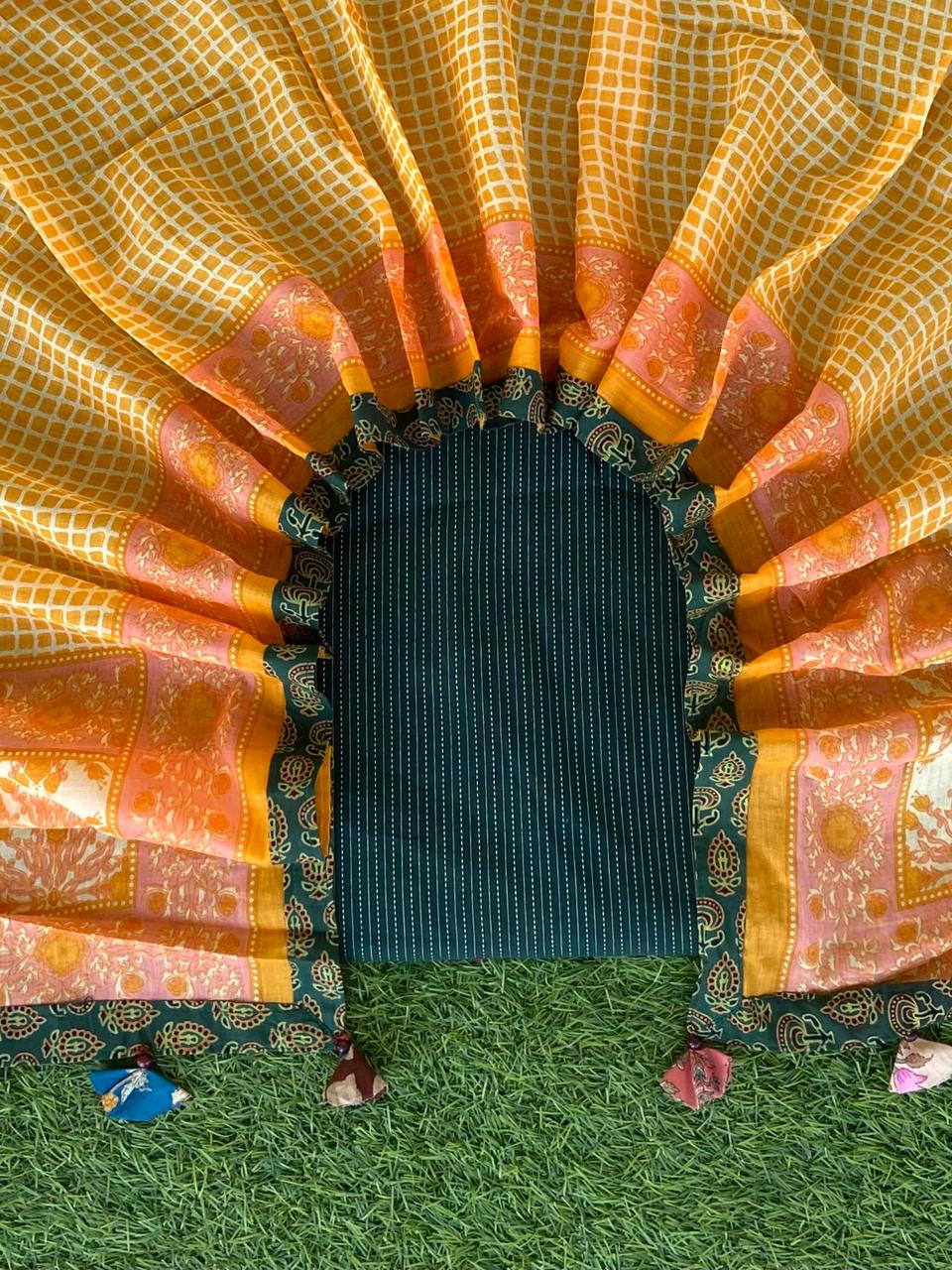 Green Kantha Suit with Sangeneri Duppatta