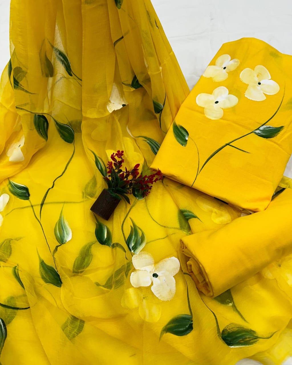 FLORAL HAND PAINTED CHIFFON DUPATTA 3 PCS SUIT SET