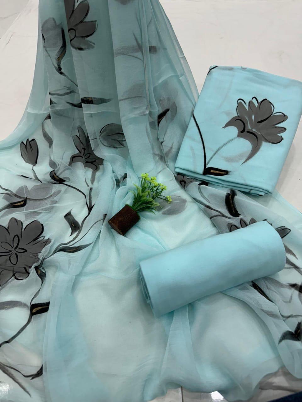 FLORAL HAND PAINTED 3 PCS CHIFFON DUPATTA SUIT SETS