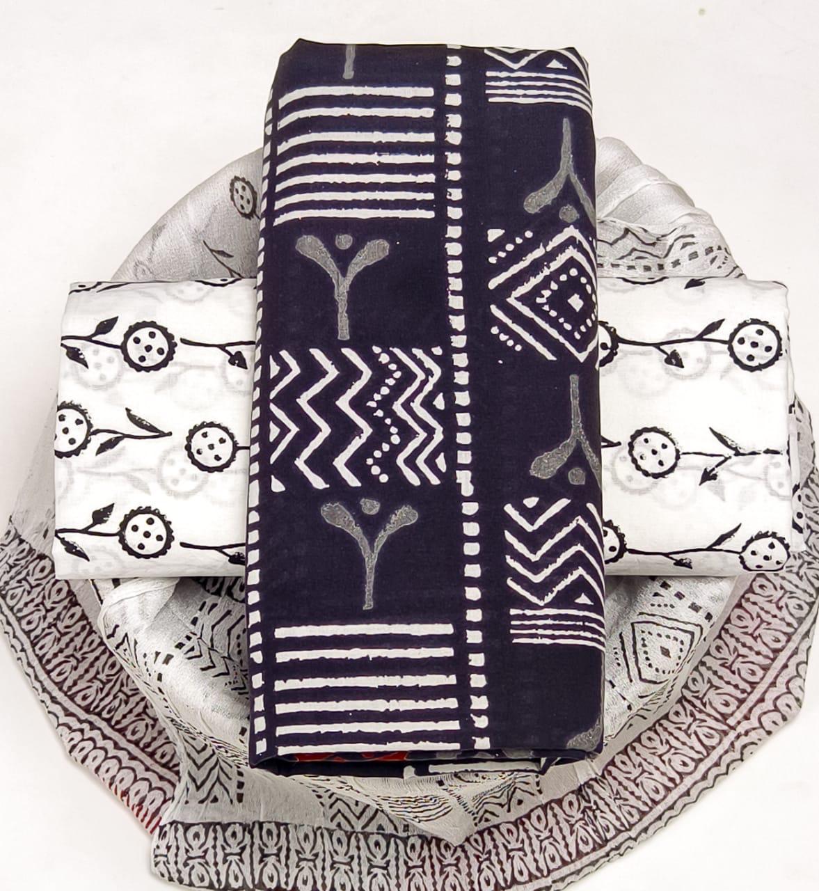 BLACK & WHITE BLOCK PRINT 3 PCS CHIFFON DUPATTA SUIT SETS