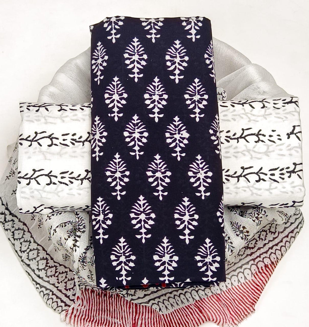 BLACK & WHITE BLOCK PRINT 3 PCS CHIFFON DUPATTA SUIT SETS