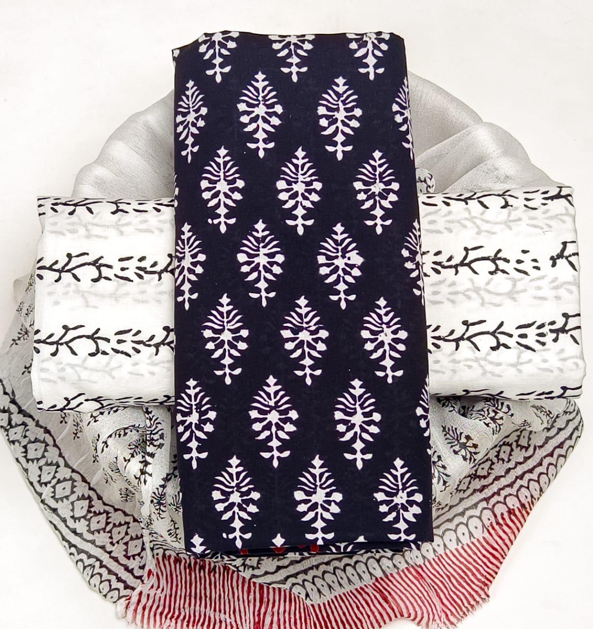 BLACK & WHITE BLOCK PRINT 3 PCS CHIFFON DUPATTA SUIT SETS