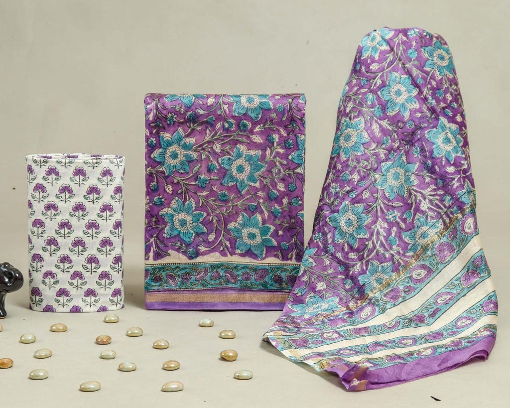 Purple & Turquoise Floral Printed Chanderi Silk Suit