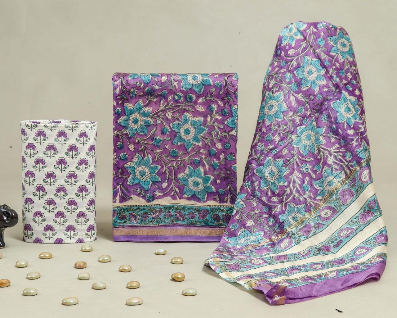 Purple & Turquoise Floral Printed Chanderi Silk Suit