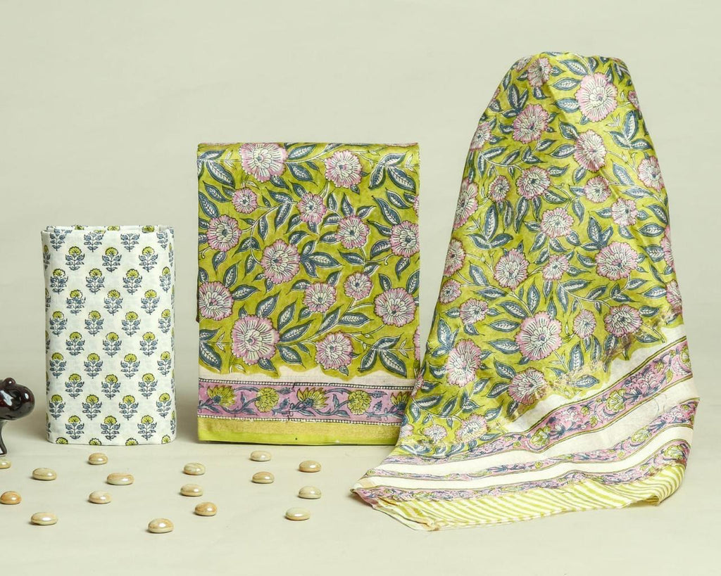 Dual Green & Lavender Floral Print Chanderi Silk Suit