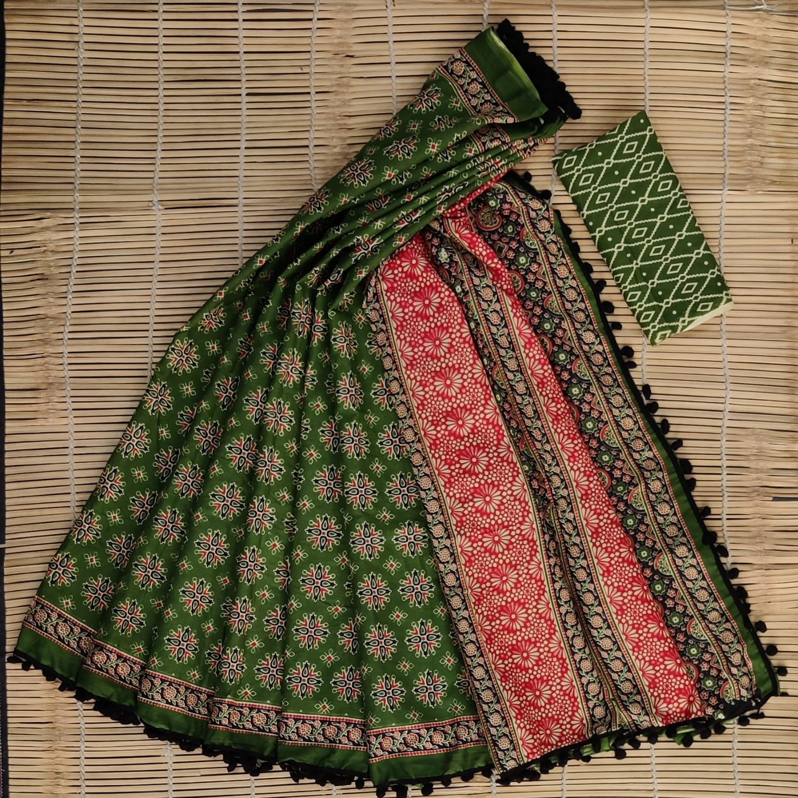 Cotton Handblock Pompom Saree