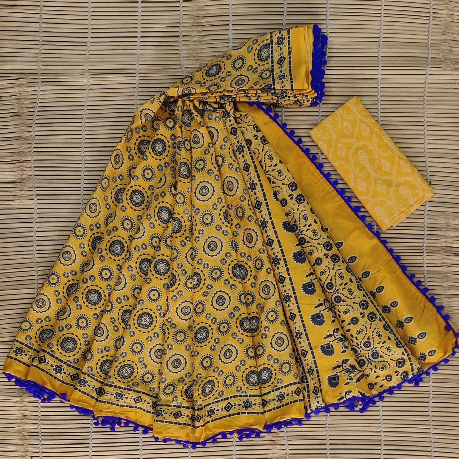 Cotton Handblock Pompom Saree
