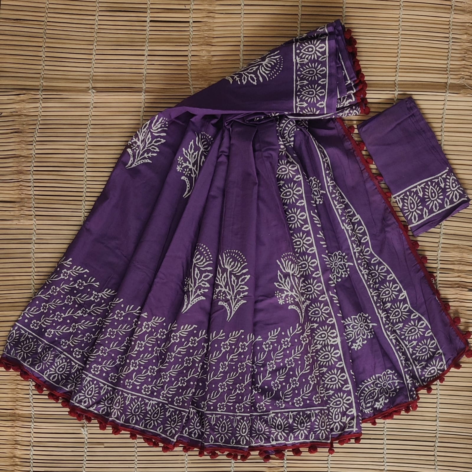 Cotton Handblock Pompom Saree