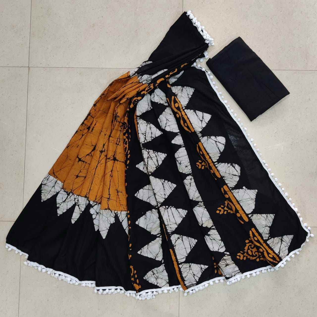 Cotton Handblock Pompom Saree