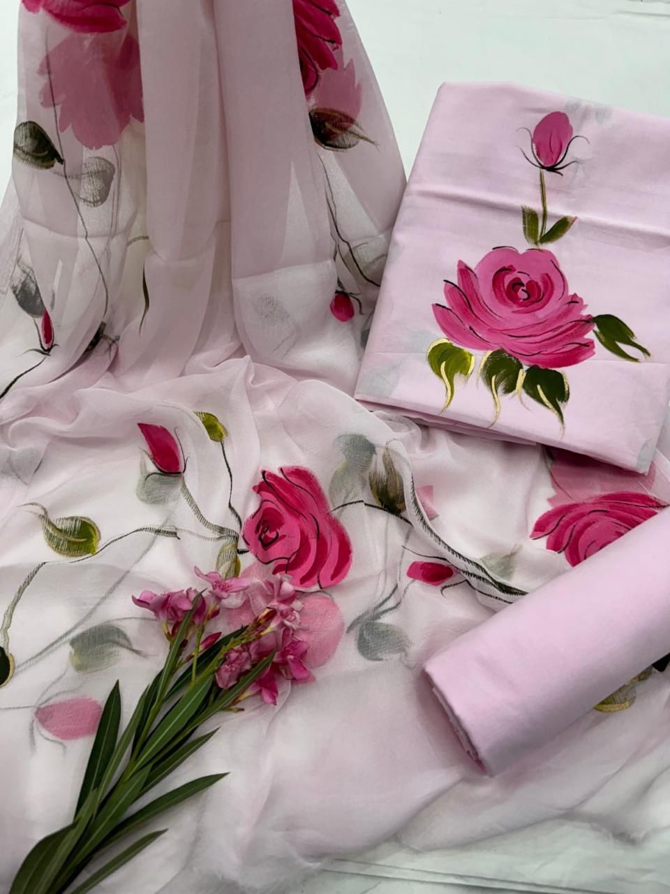 FLORAL HAND PAINTED CHIFFON DUPATTA 3 PCS SUIT SET