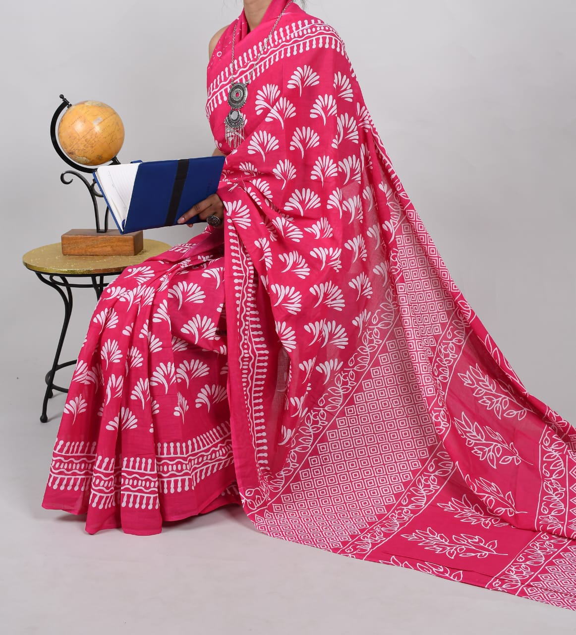 Bagru Fushia Pink  Block Print Cotton Mulmul Saree