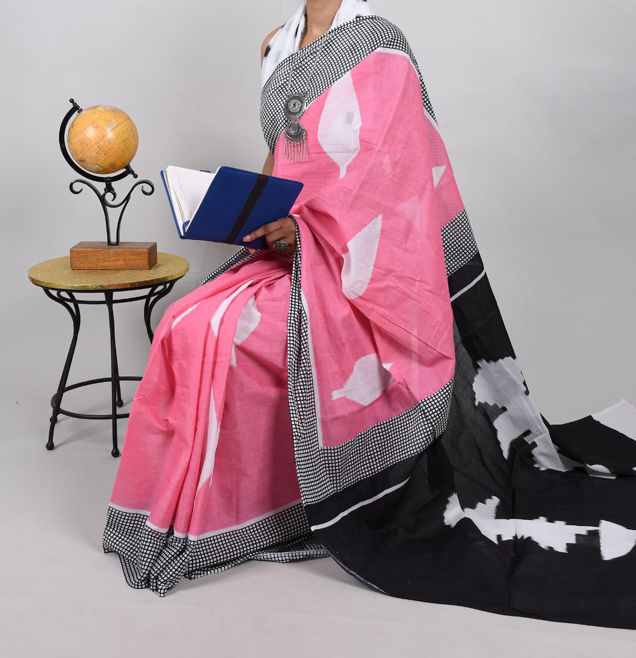 Bagru Natural Pink Hand Block Print Cotton Mulmul Saree