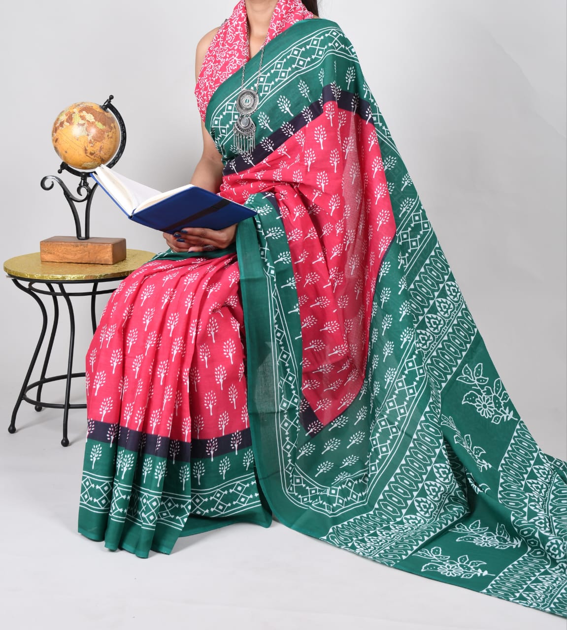 Bagru D Pink & Rama Green  Block Print Cotton Mulmul Saree