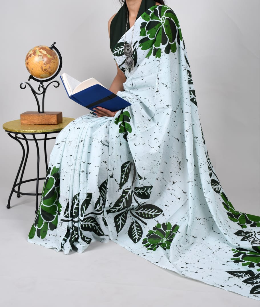 Bagru Off White & D Green Block Print Cotton Mulmul Saree