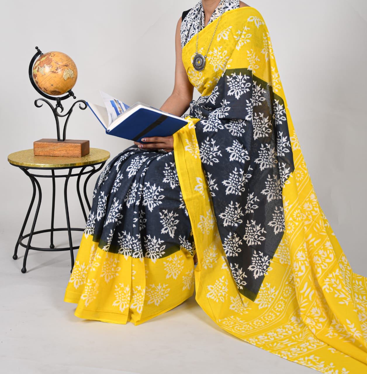 Bagru Print Yellow & D Grey Block Print Cotton Mulmul Saree