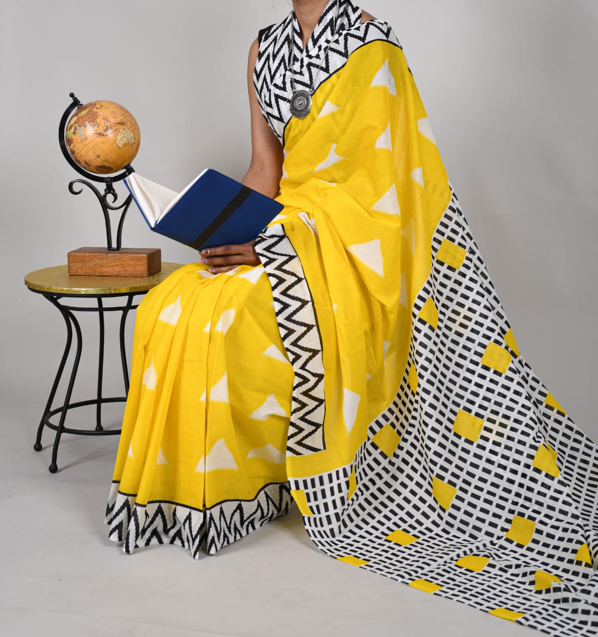 Bagru Print Yellow Cotton Mulmul Saree