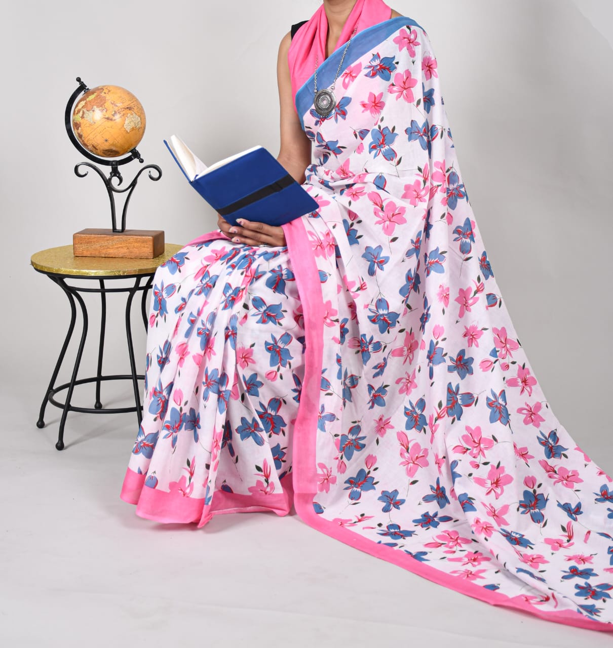 Bagru Block Print Off White & Pink & Blue Cotton Mulmul Saree