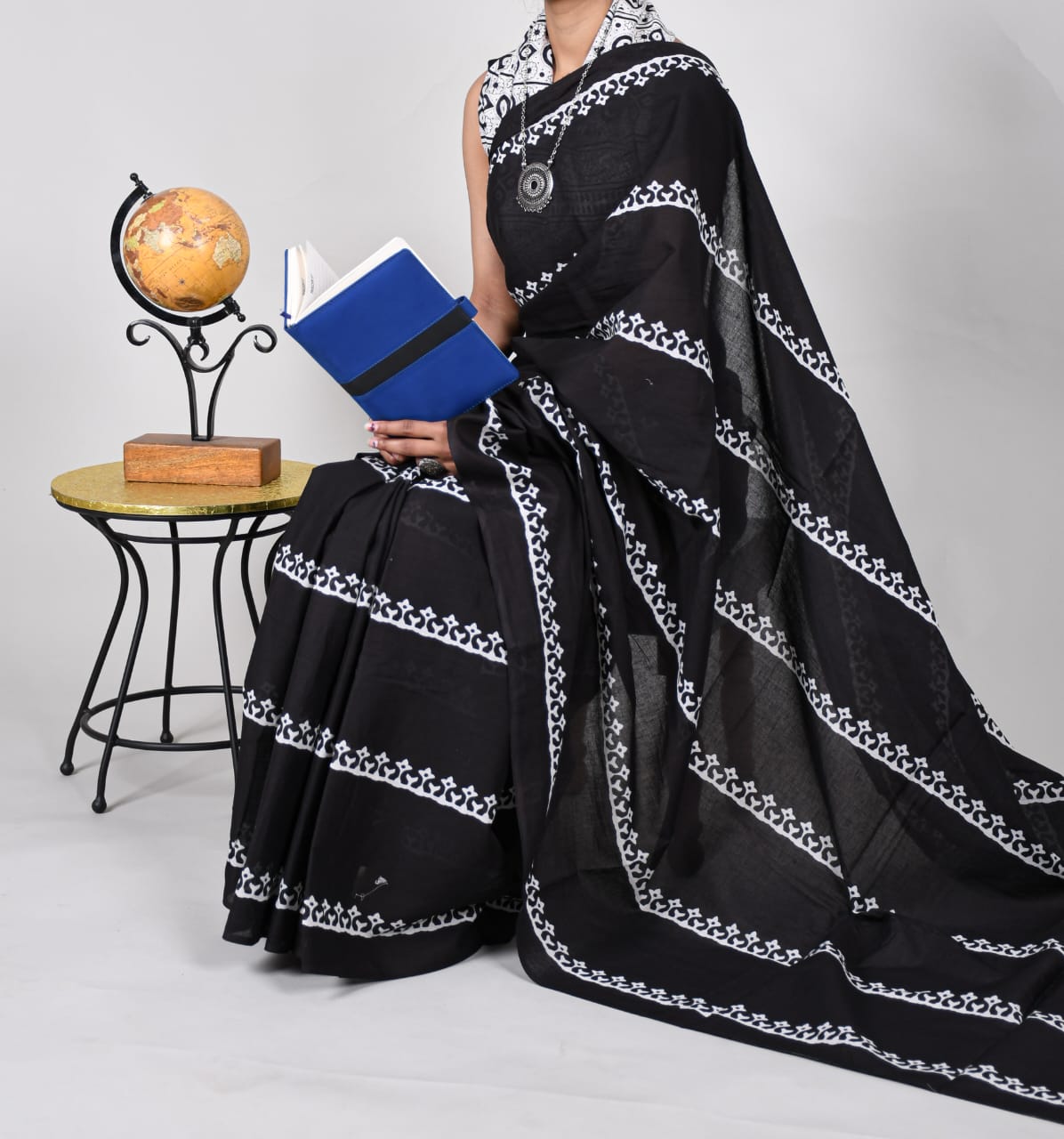 Bagru Print Black Cotton Mulmul Saree