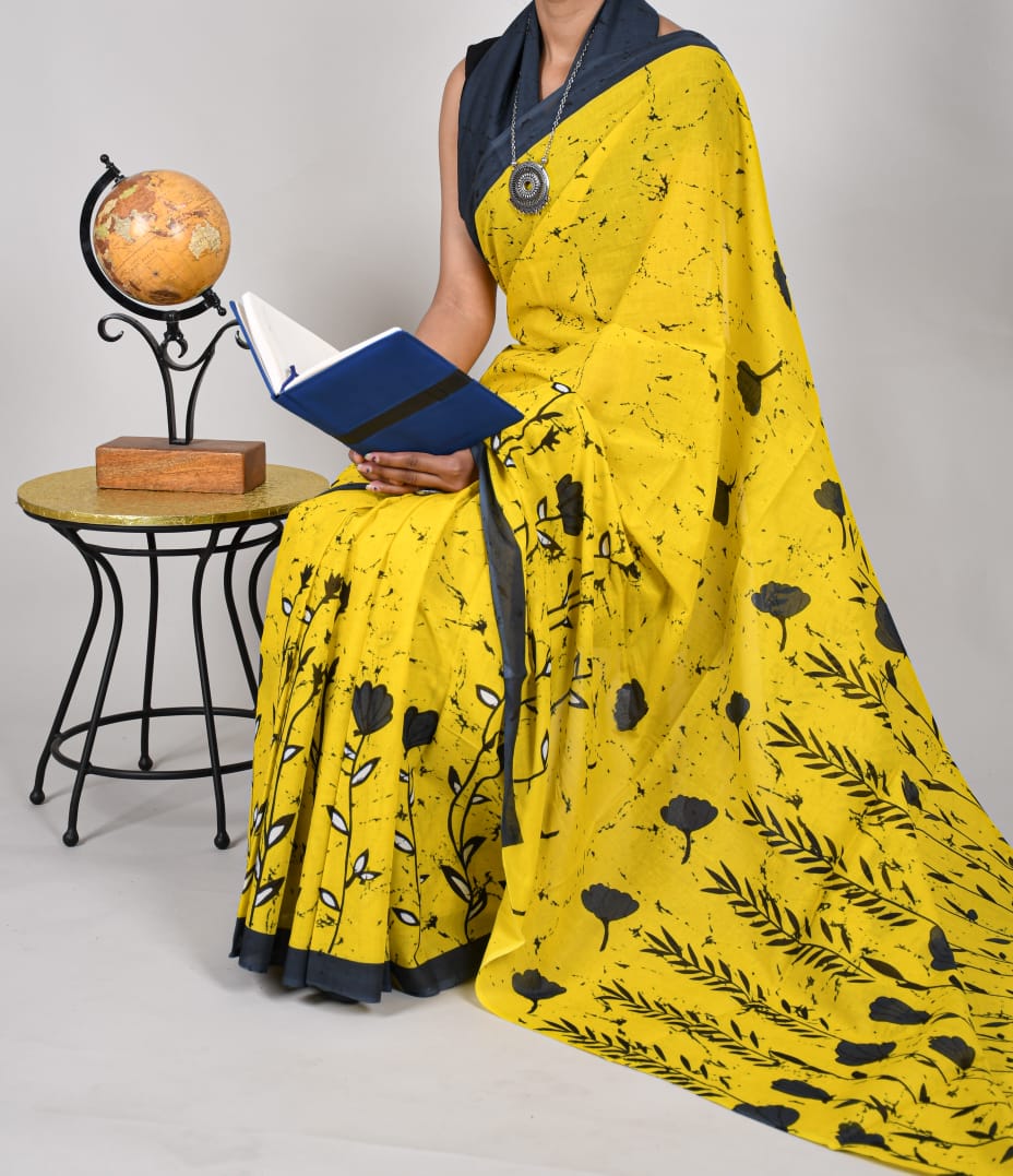 Bagru Block Print Yellow Cotton mulmul Sarees With Running Blouse