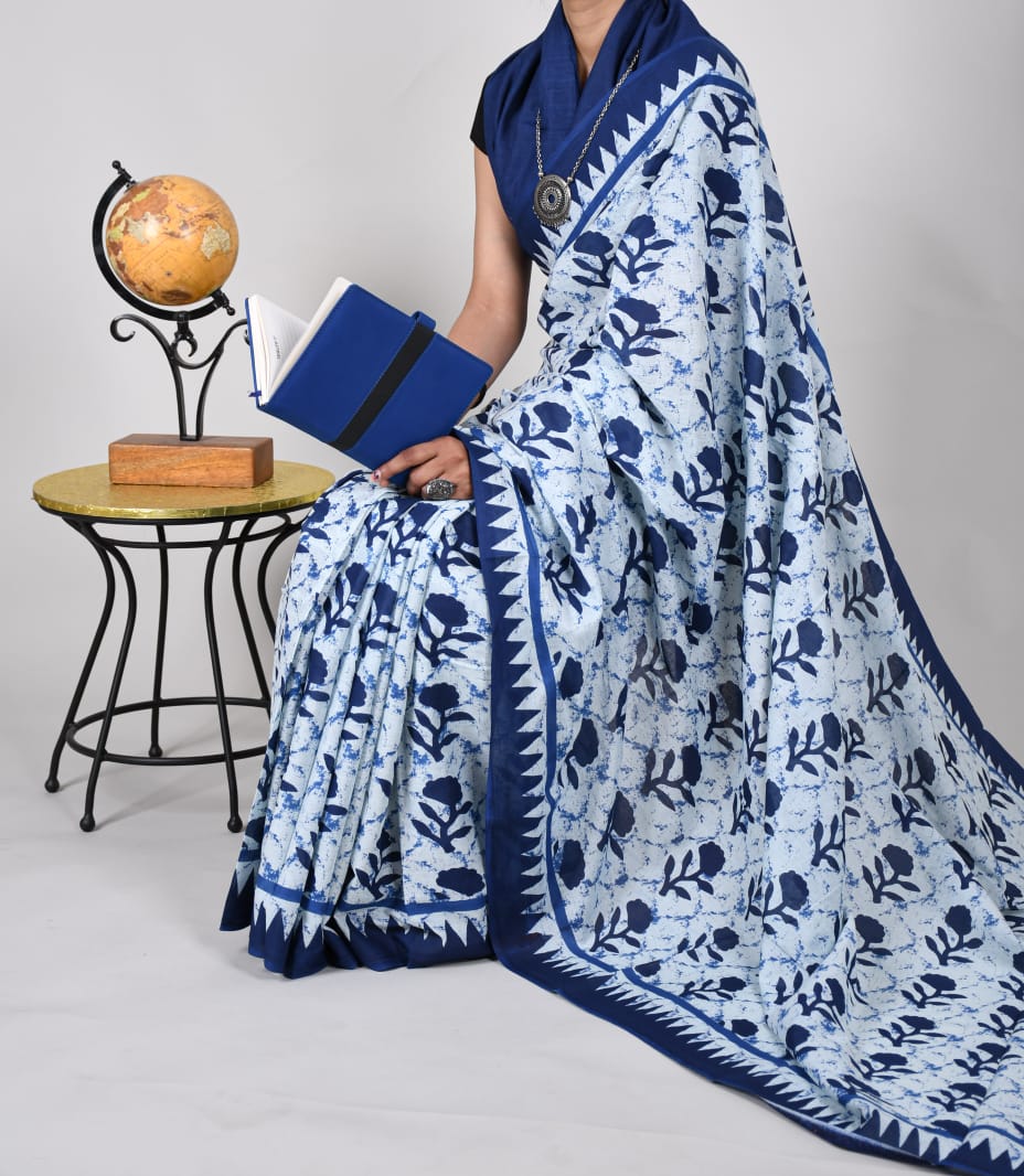 Bagru Print Blue Block Print Cotton Mulmul Saree