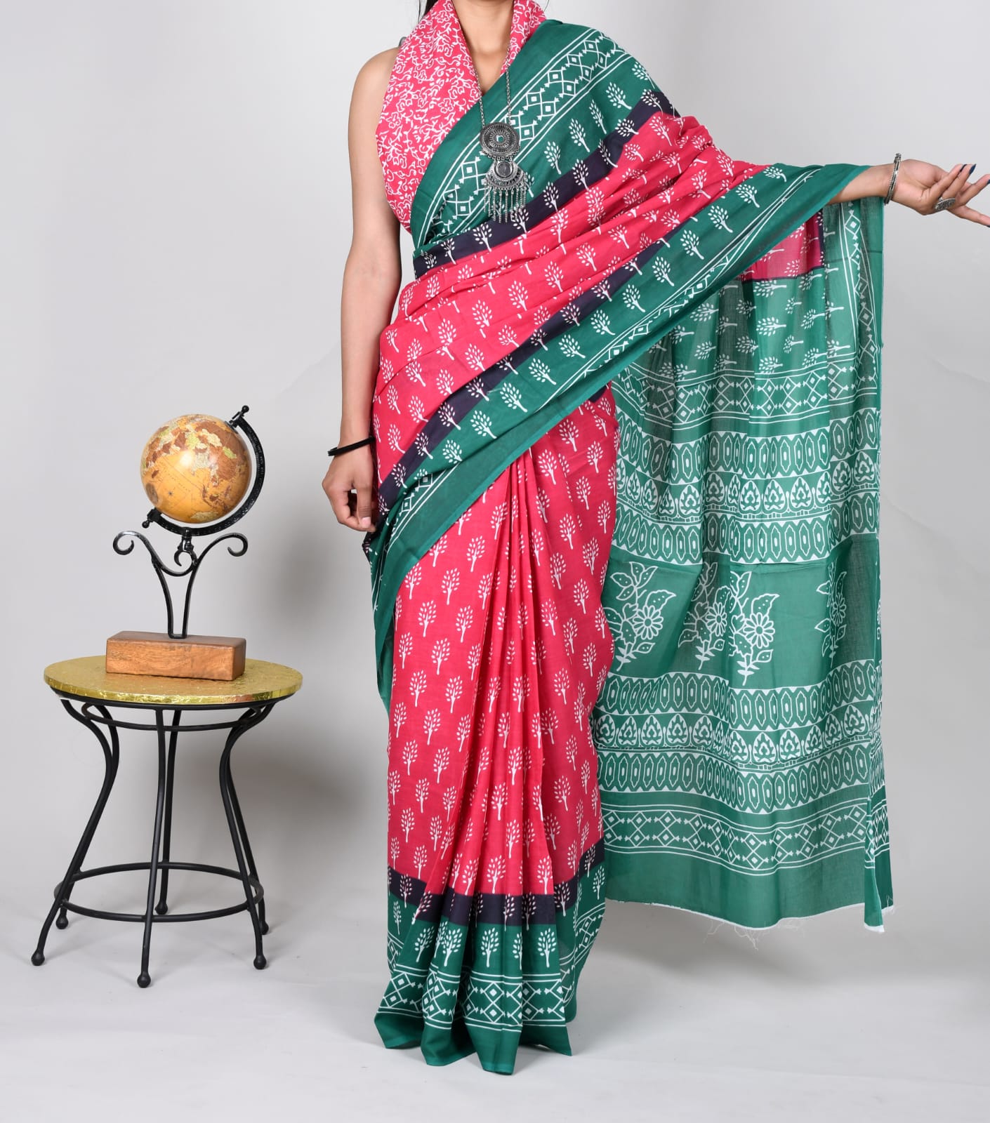 Bagru D Pink & Rama Green  Block Print Cotton Mulmul Saree