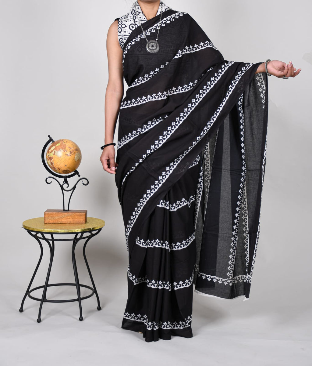 Bagru Print Black Cotton Mulmul Saree