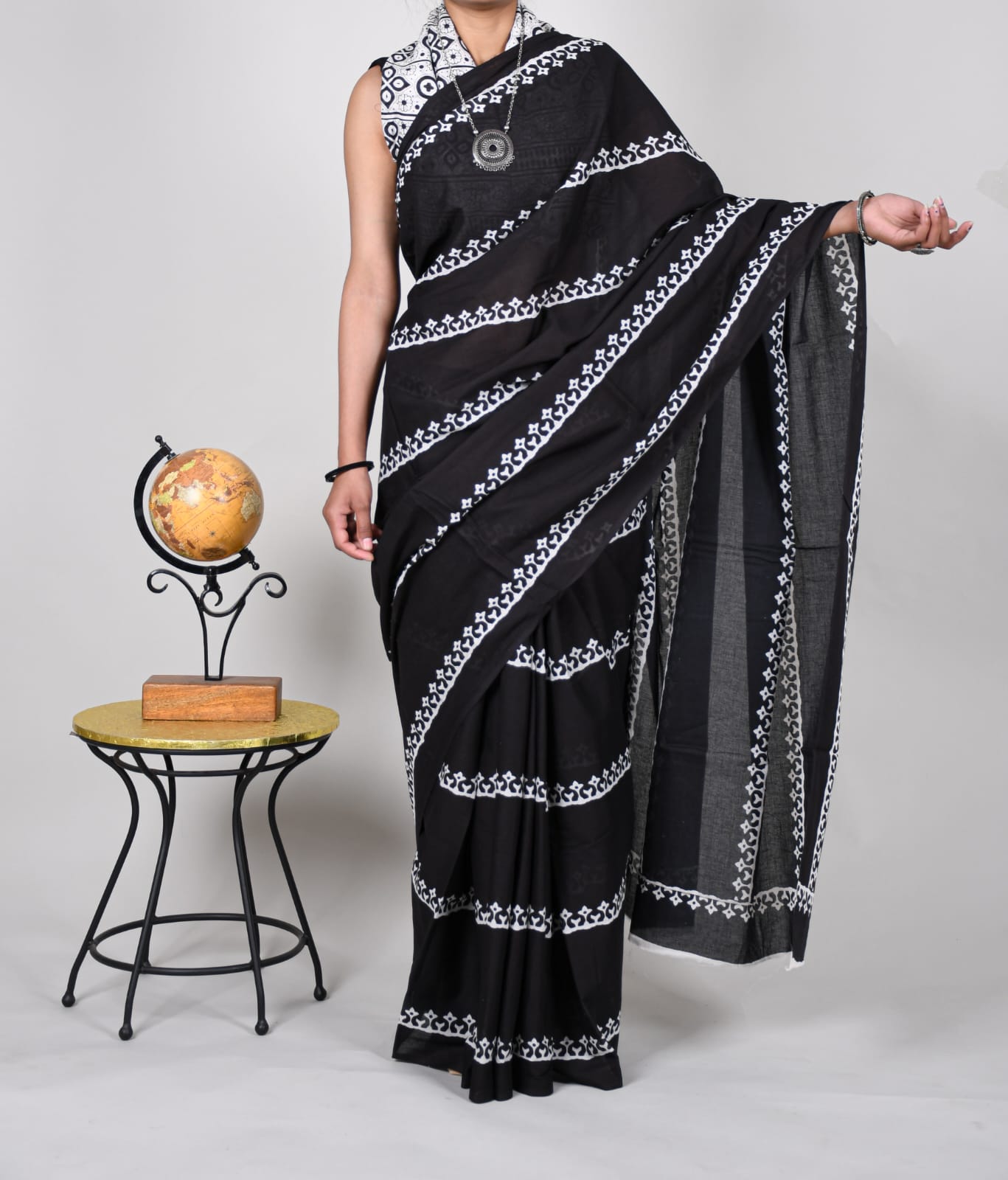 Bagru Print Black Cotton Mulmul Saree