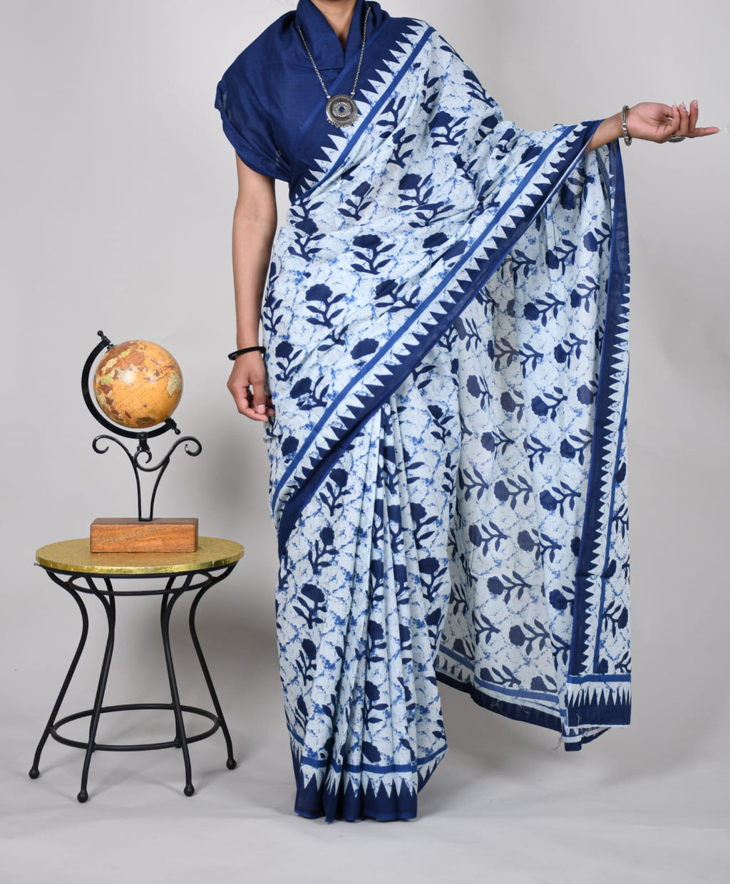 Bagru Print Blue Block Print Cotton Mulmul Saree