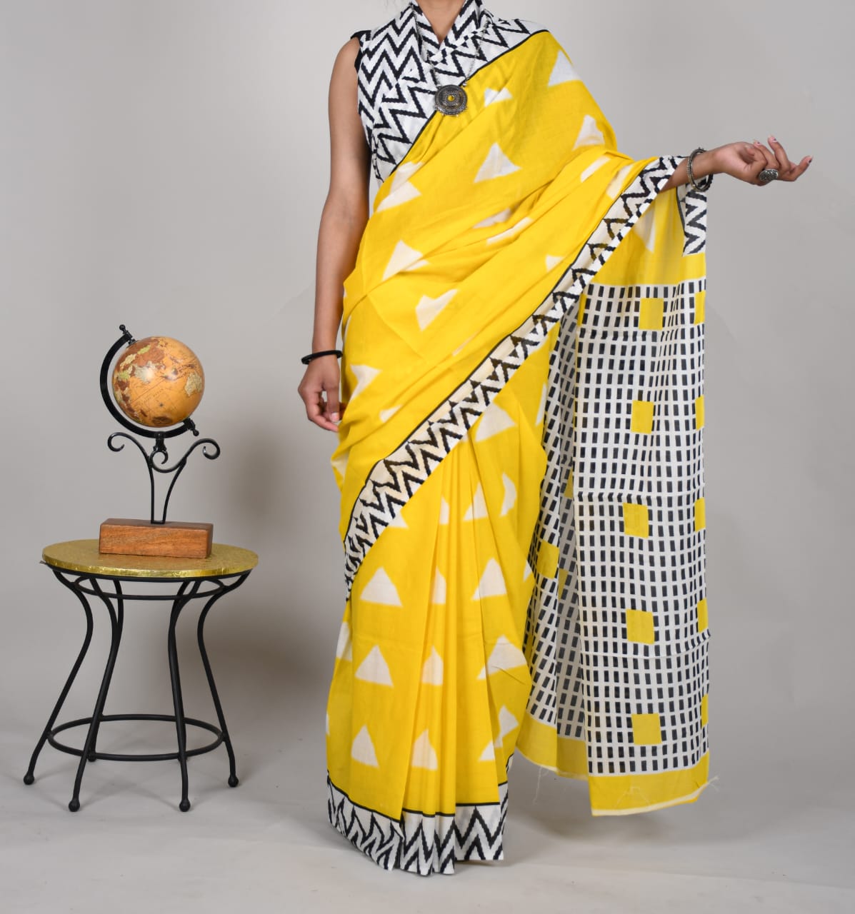 Bagru Print Yellow Cotton Mulmul Saree