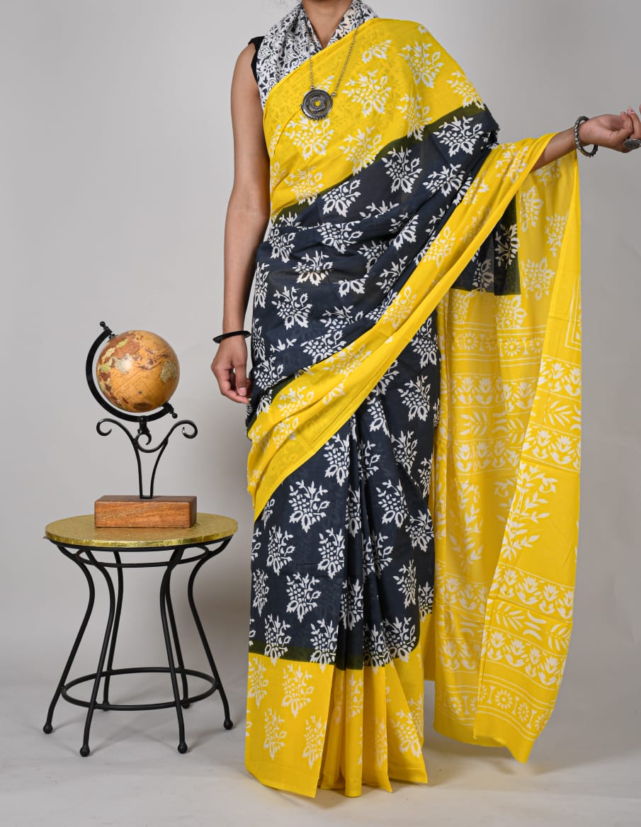 Bagru Print Yellow & D Grey Block Print Cotton Mulmul Saree