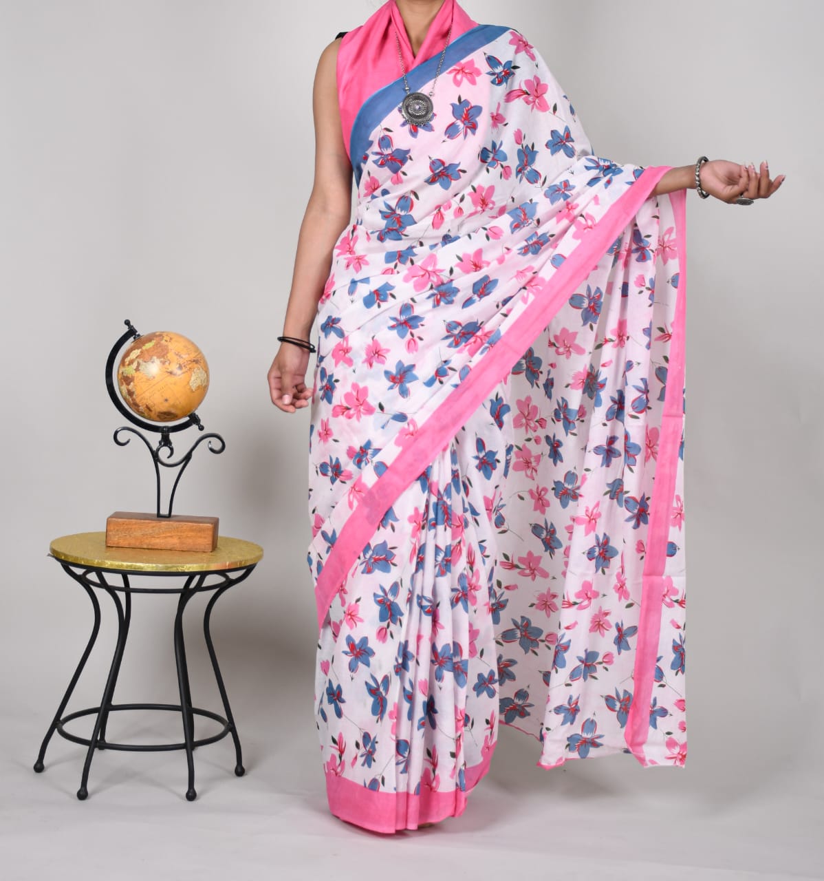 Bagru Block Print Off White & Pink & Blue Cotton Mulmul Saree