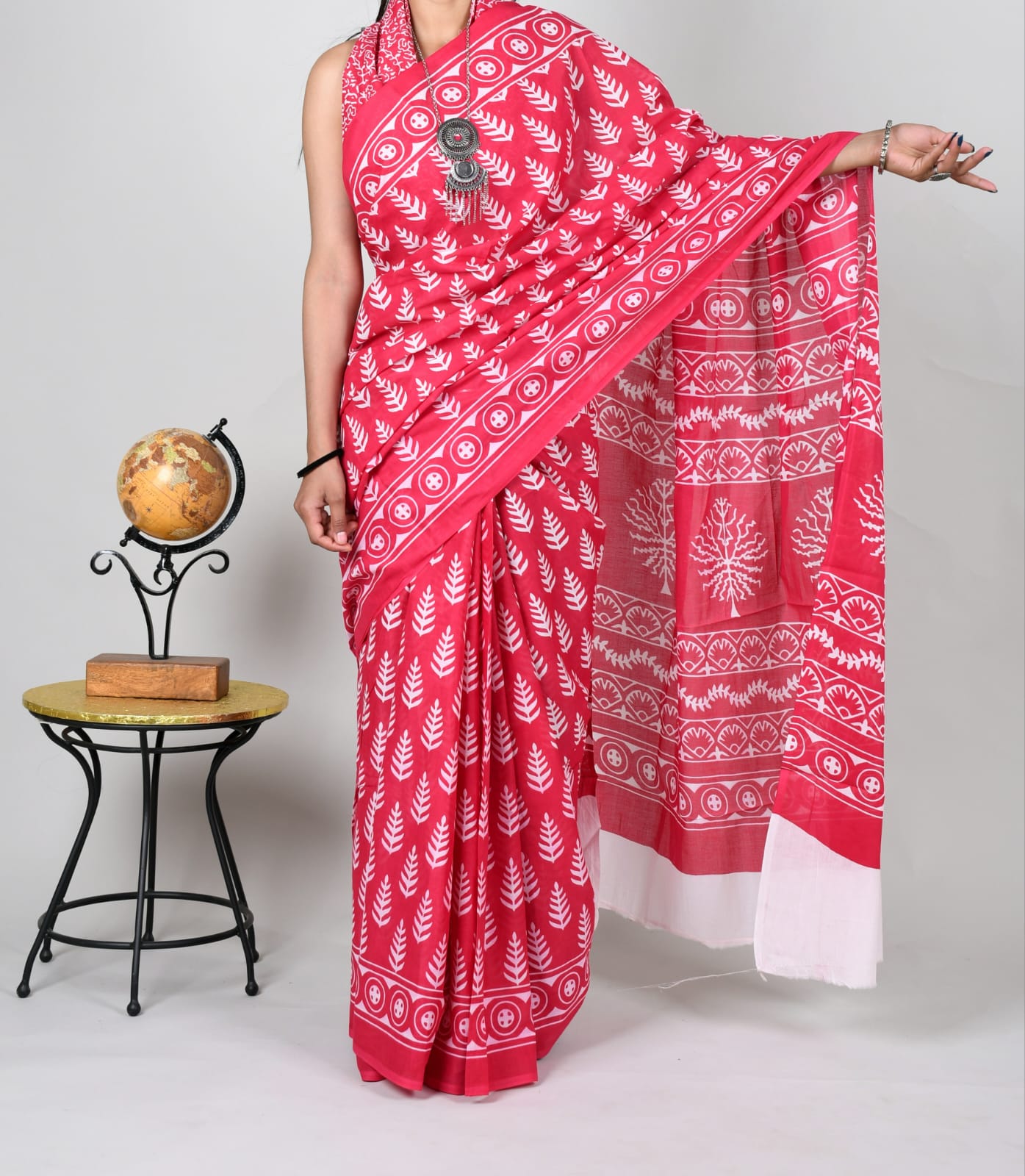 Bagru Fushia Pink  Block Print Cotton Mulmul Saree