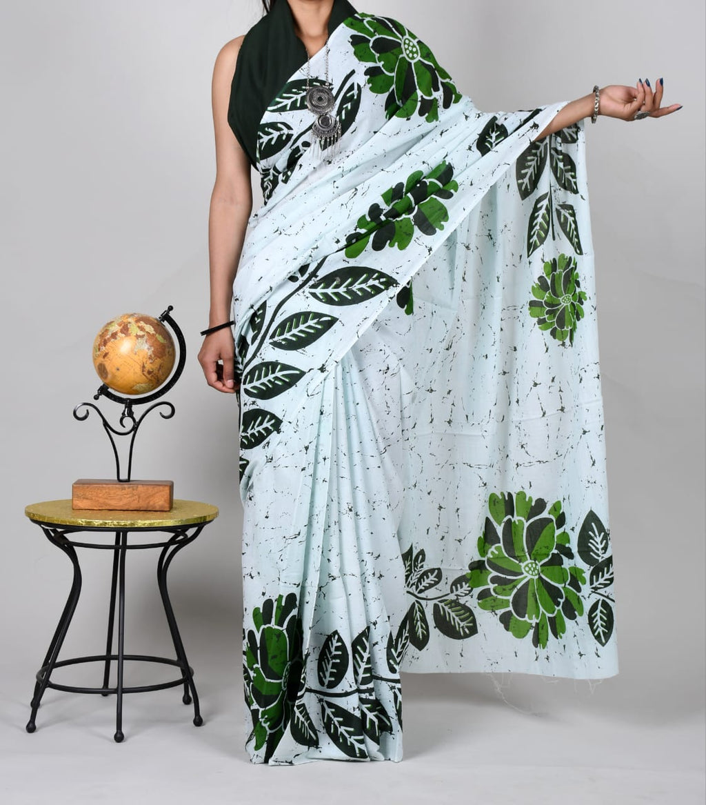 Bagru Off White & D Green Block Print Cotton Mulmul Saree