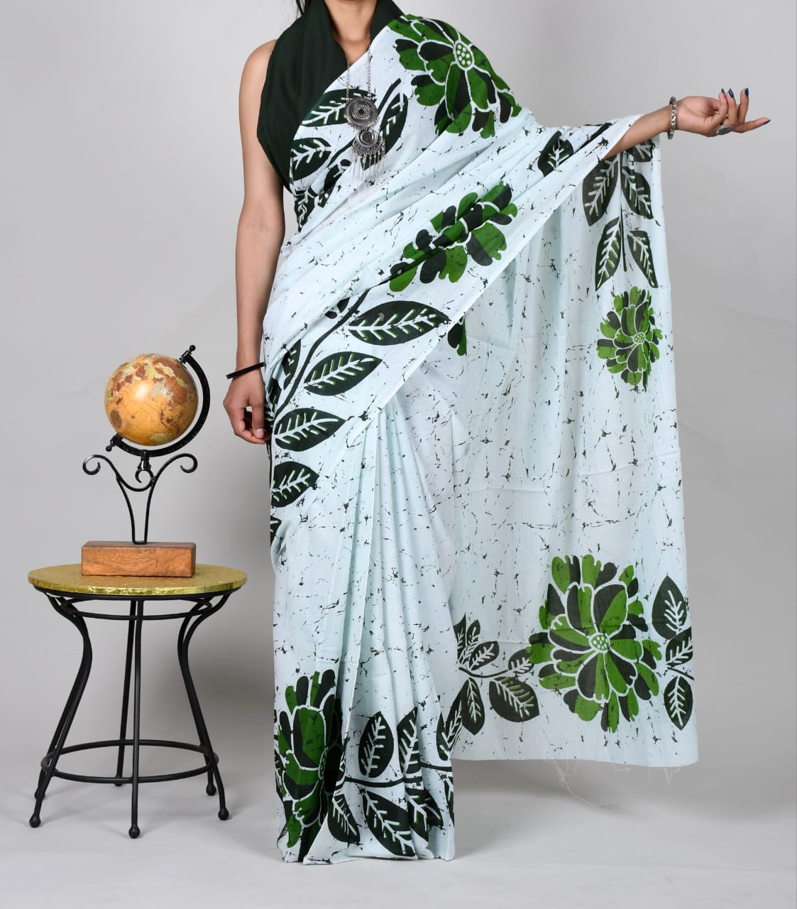 Bagru Off White & D Green Block Print Cotton Mulmul Saree
