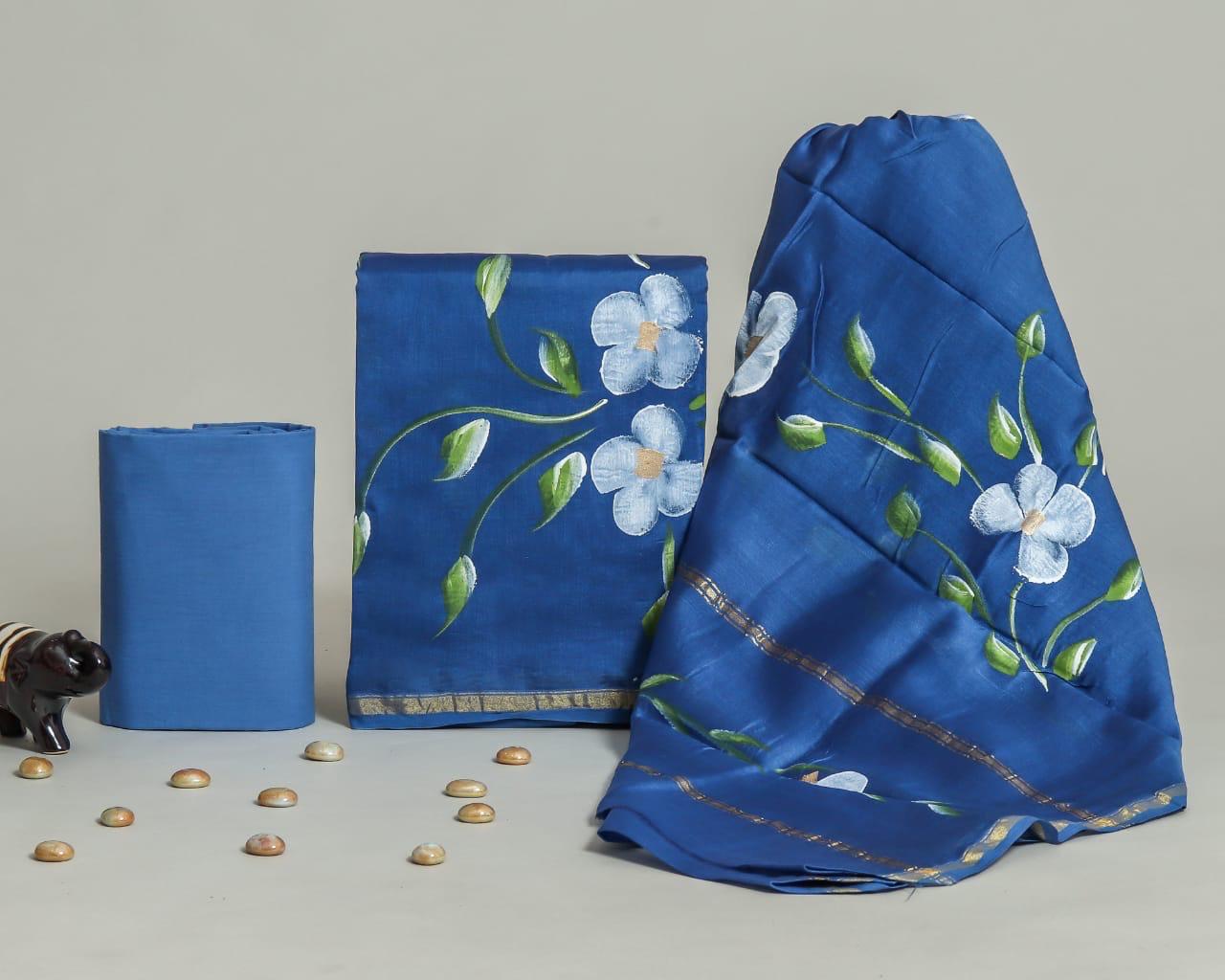 Blue Hand Painted Chanderi Silk Suit