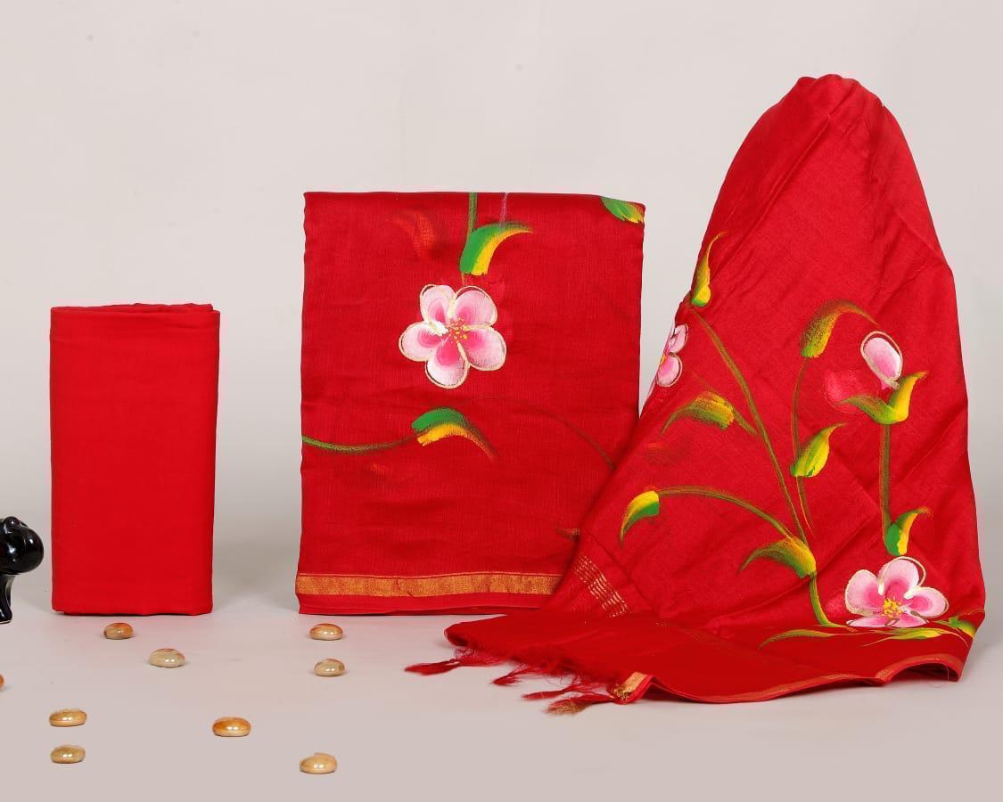 Red Hand Painted Chanderi Silk Suit
