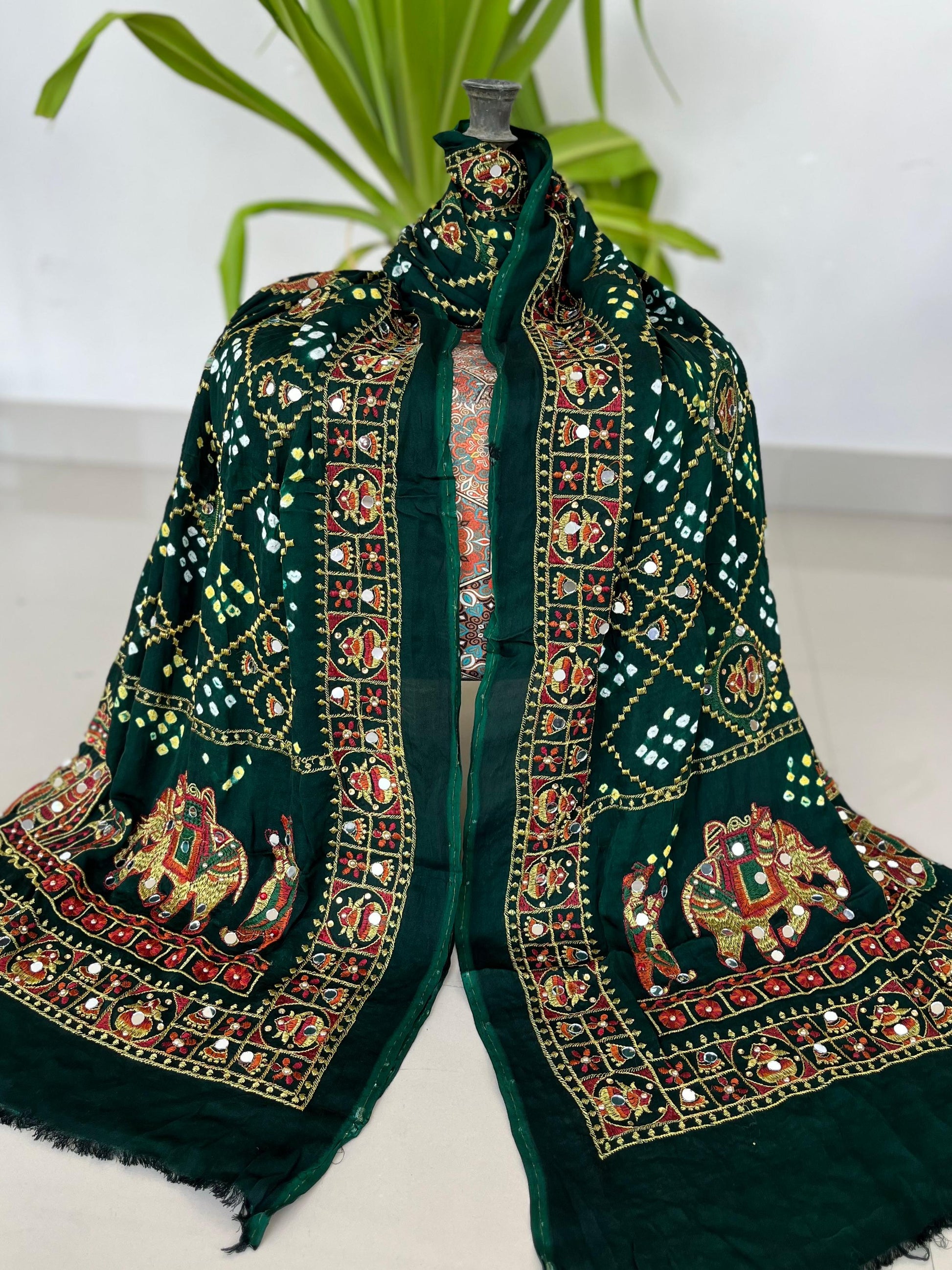 Dupatta : BOTTLE GREEN Modal Silk Bandhani Dupatta with Embroidery & Mirror Work