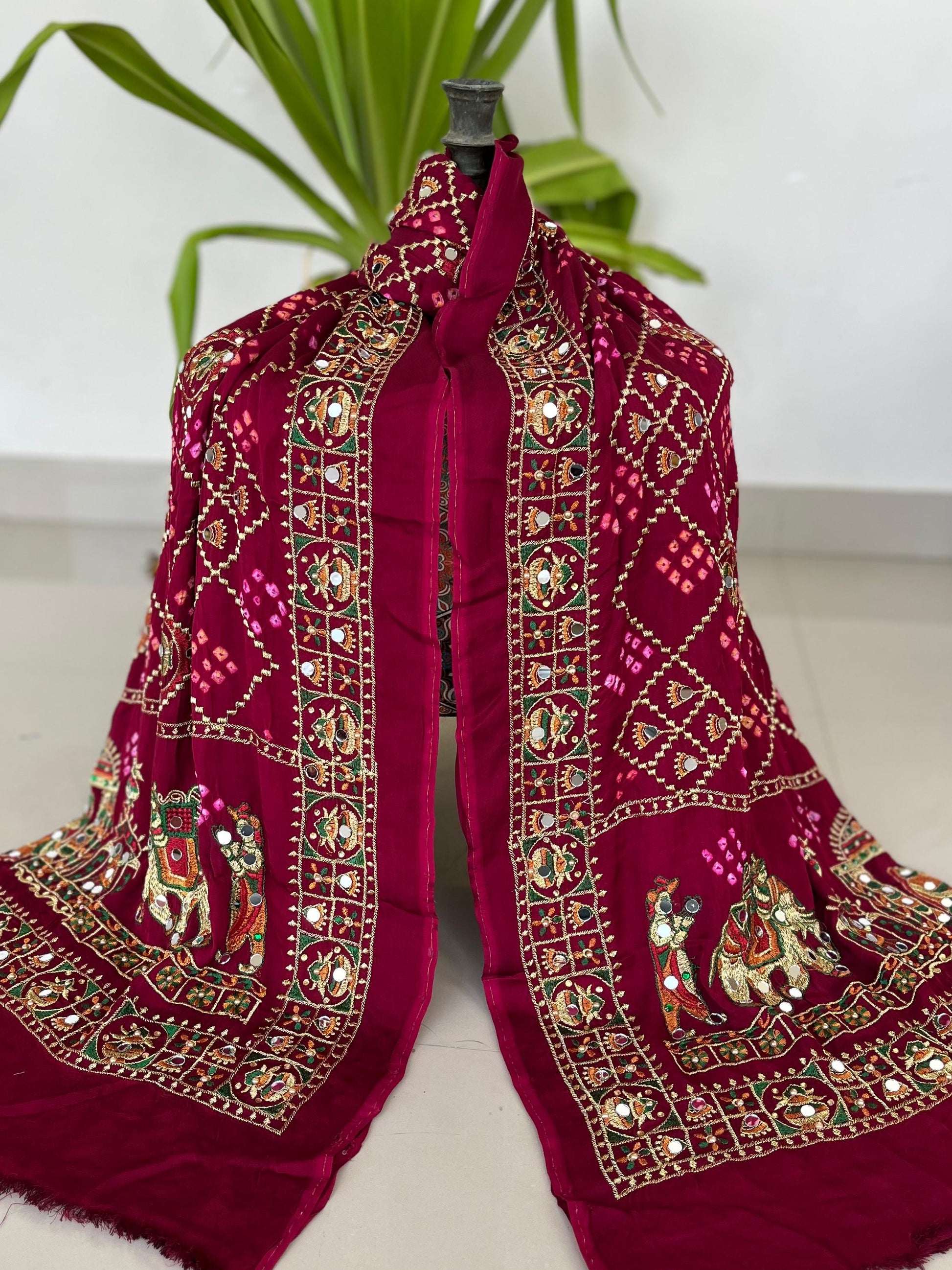 Dupatta : RANI PINK Modal Silk Bandhani Dupatta with Embroidery & Mirror Work