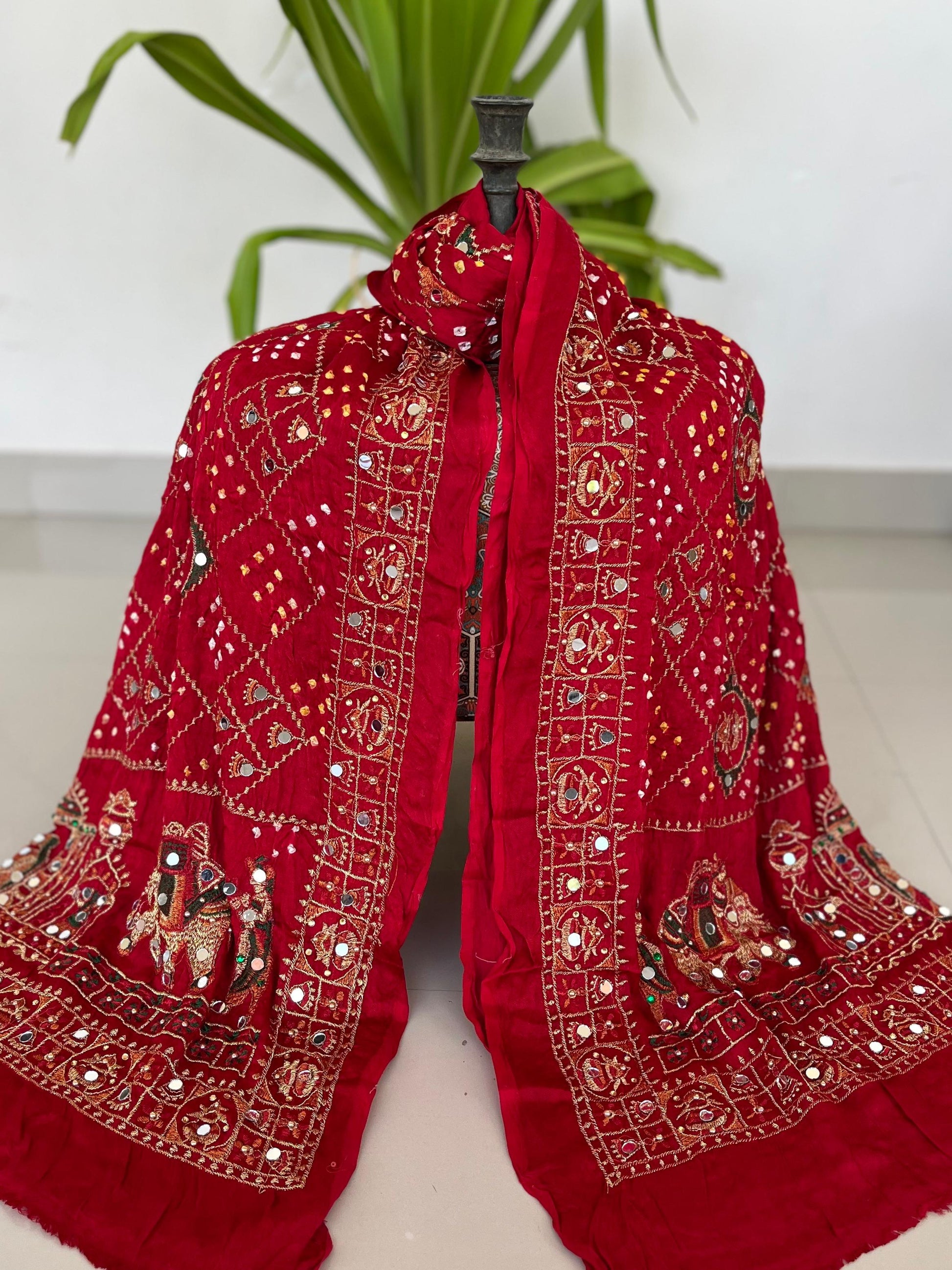 Dupatta :RED Modal Silk Bandhani Dupatta with Embroidery & Mirror Work