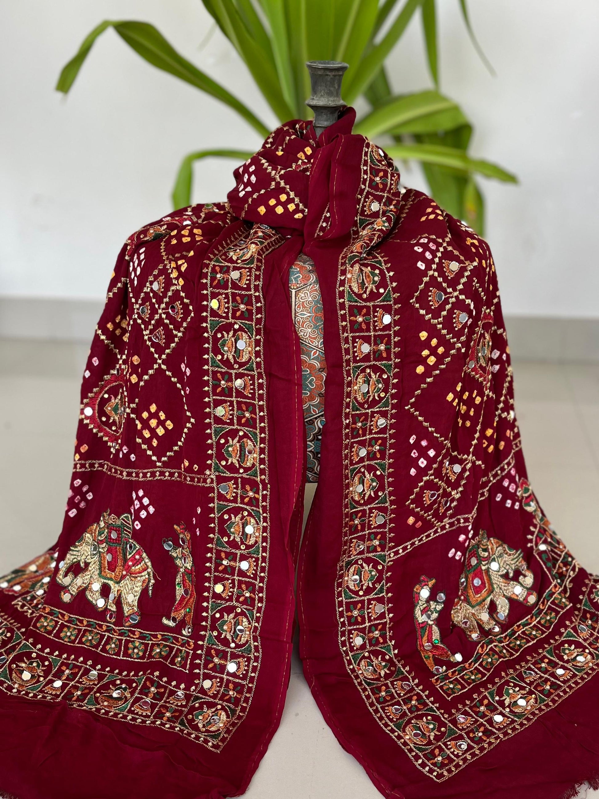 Dupatta :MAROON Modal Silk Bandhani Dupatta with Embroidery & Mirror Work