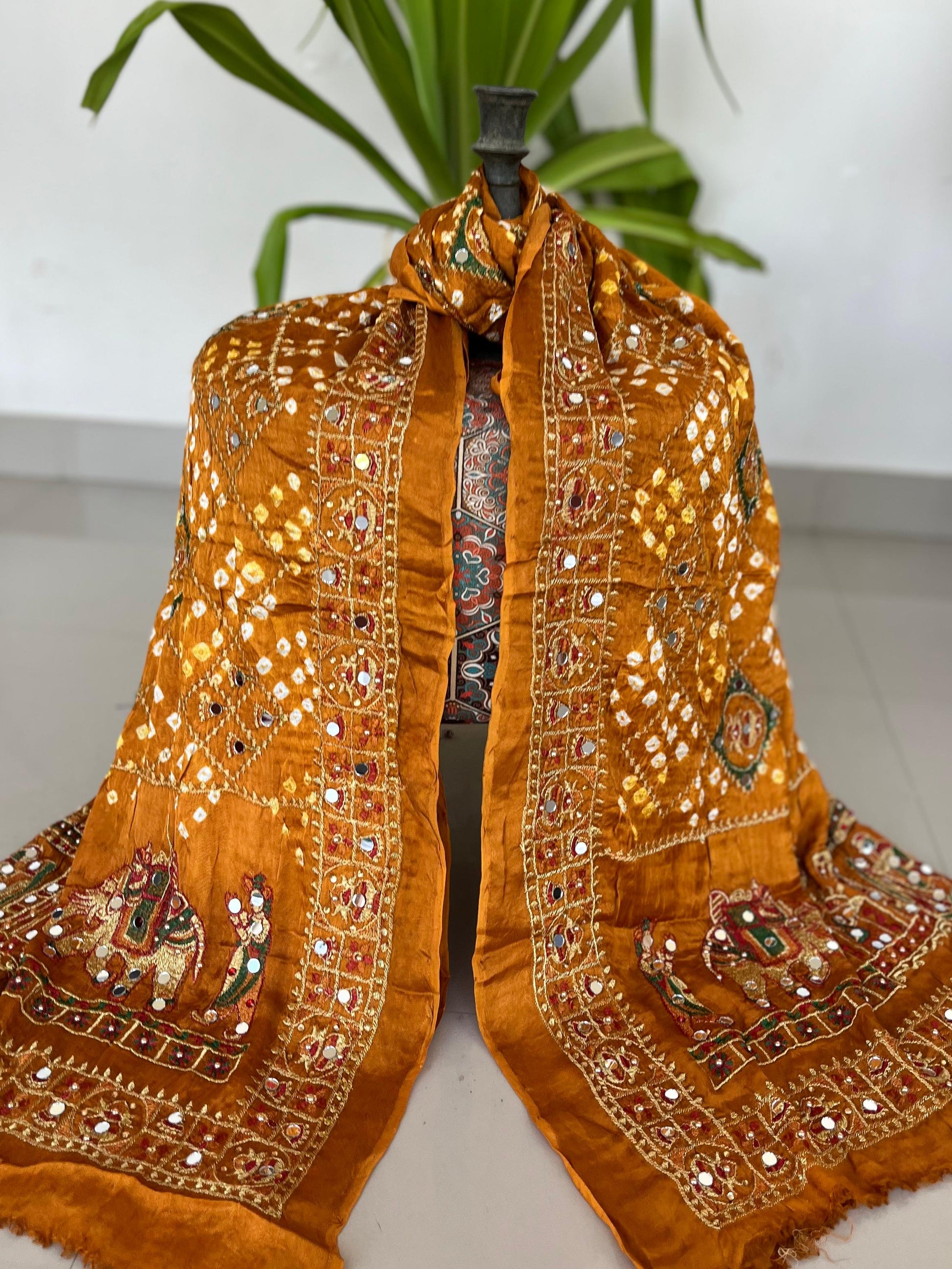 Dupatta : MUSTARD YELLOW Modal Silk Bandhani Dupatta with Embroidery & Mirror Work