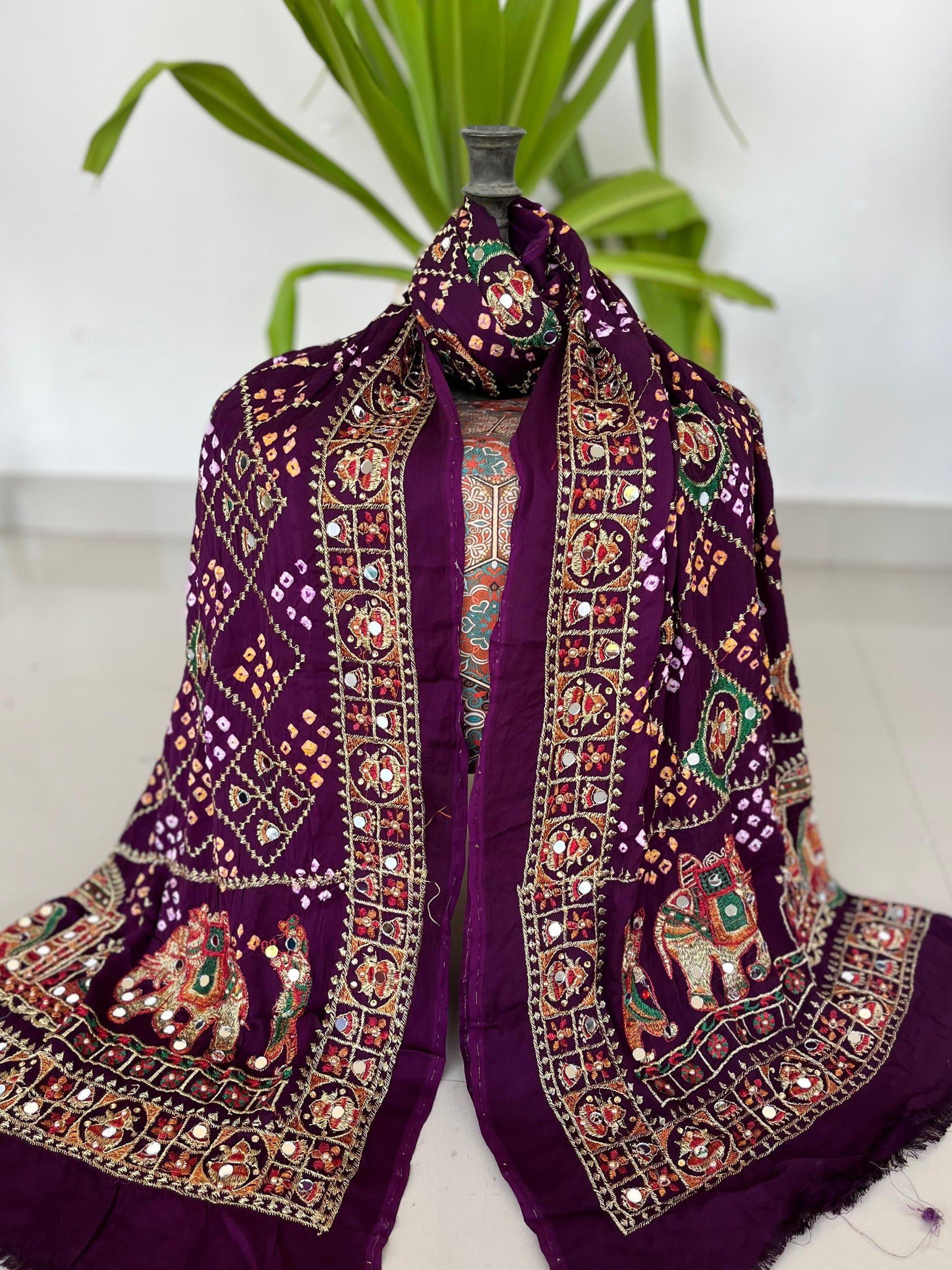 Dupatta : D PURPLE Modal Silk Bandhani Dupatta with Embroidery & Mirror Work