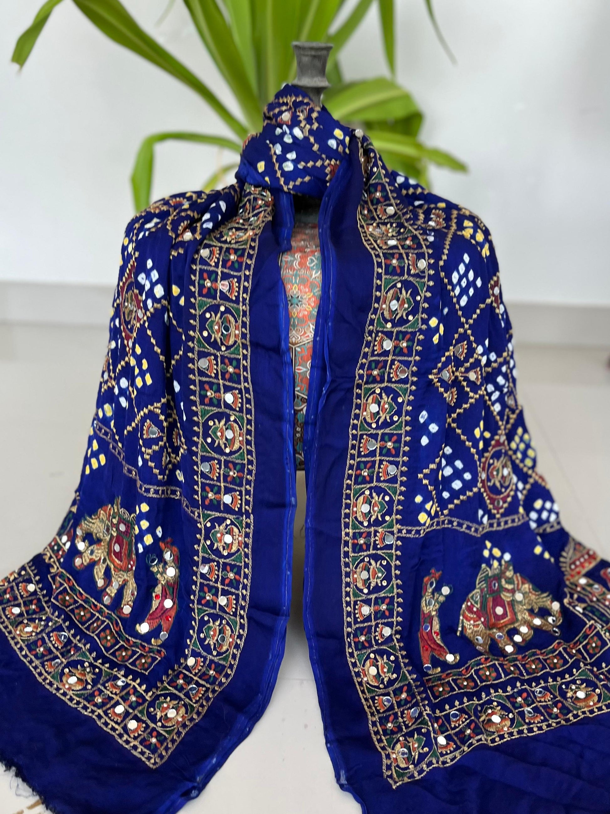 Dupatta : R BLUE Modal Silk Bandhani Dupatta with Embroidery & Mirror Work
