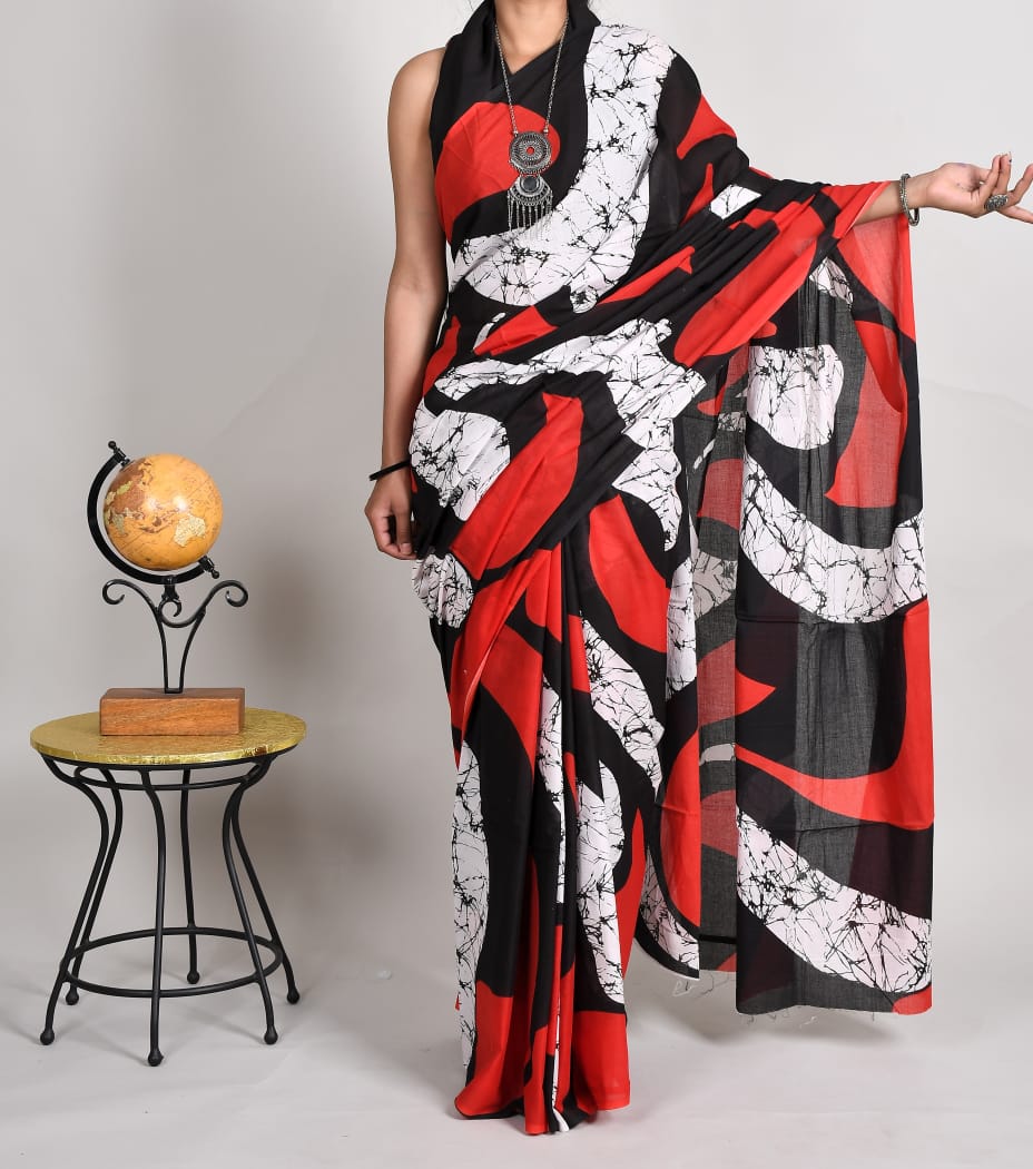 Bagru Red Natural Hand Block Print Cotton Mulmul Saree