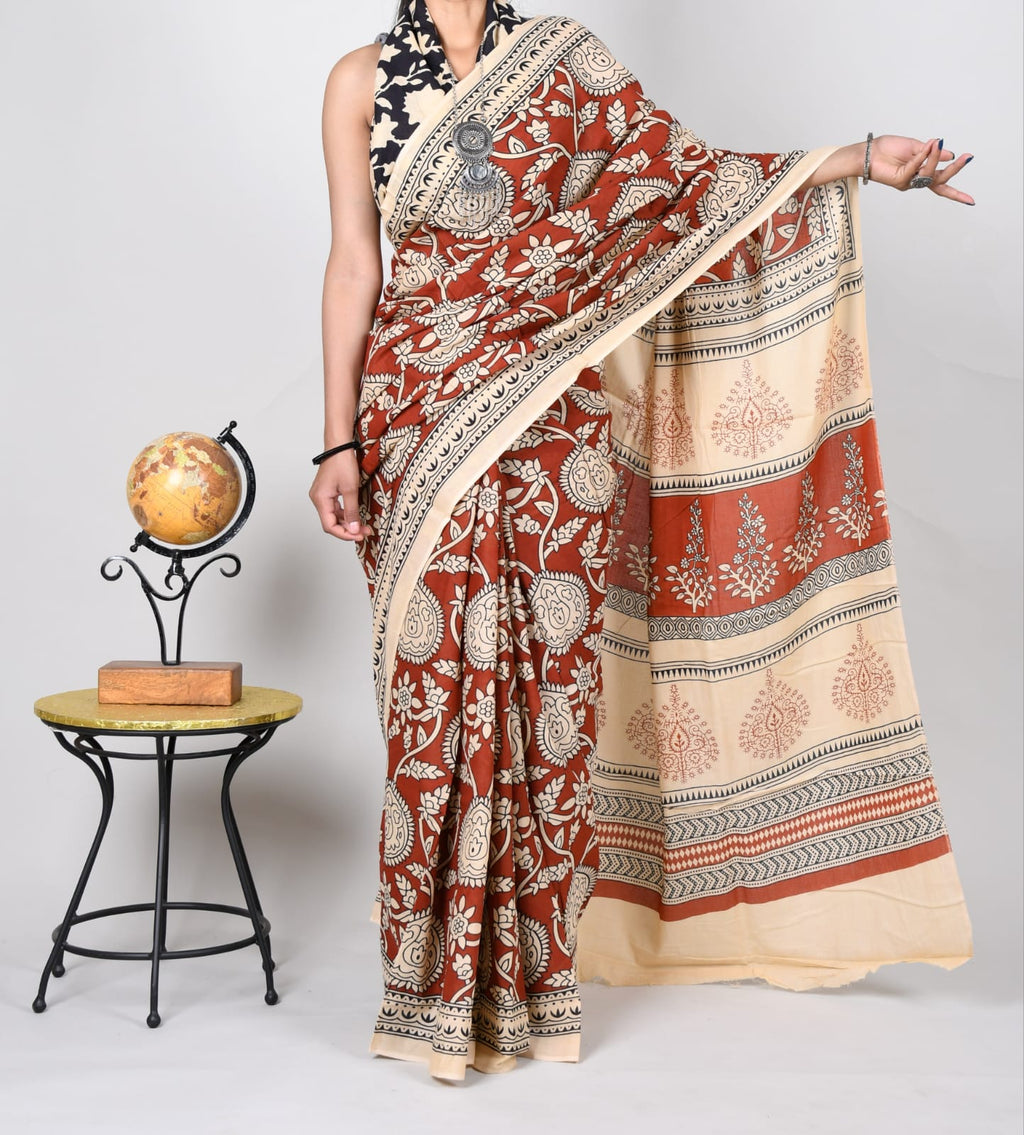 Bagru Rust Block Print Cotton Mulmul Sarees