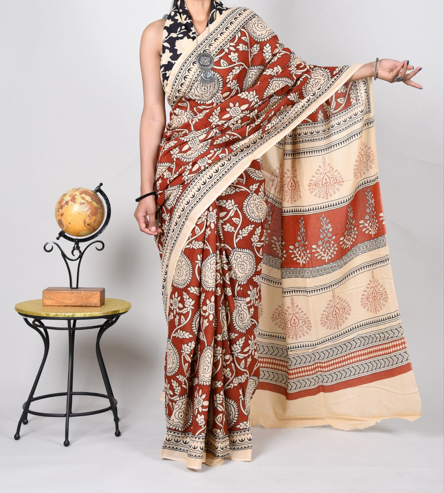 Bagru Rust Block Print Cotton Mulmul Sarees